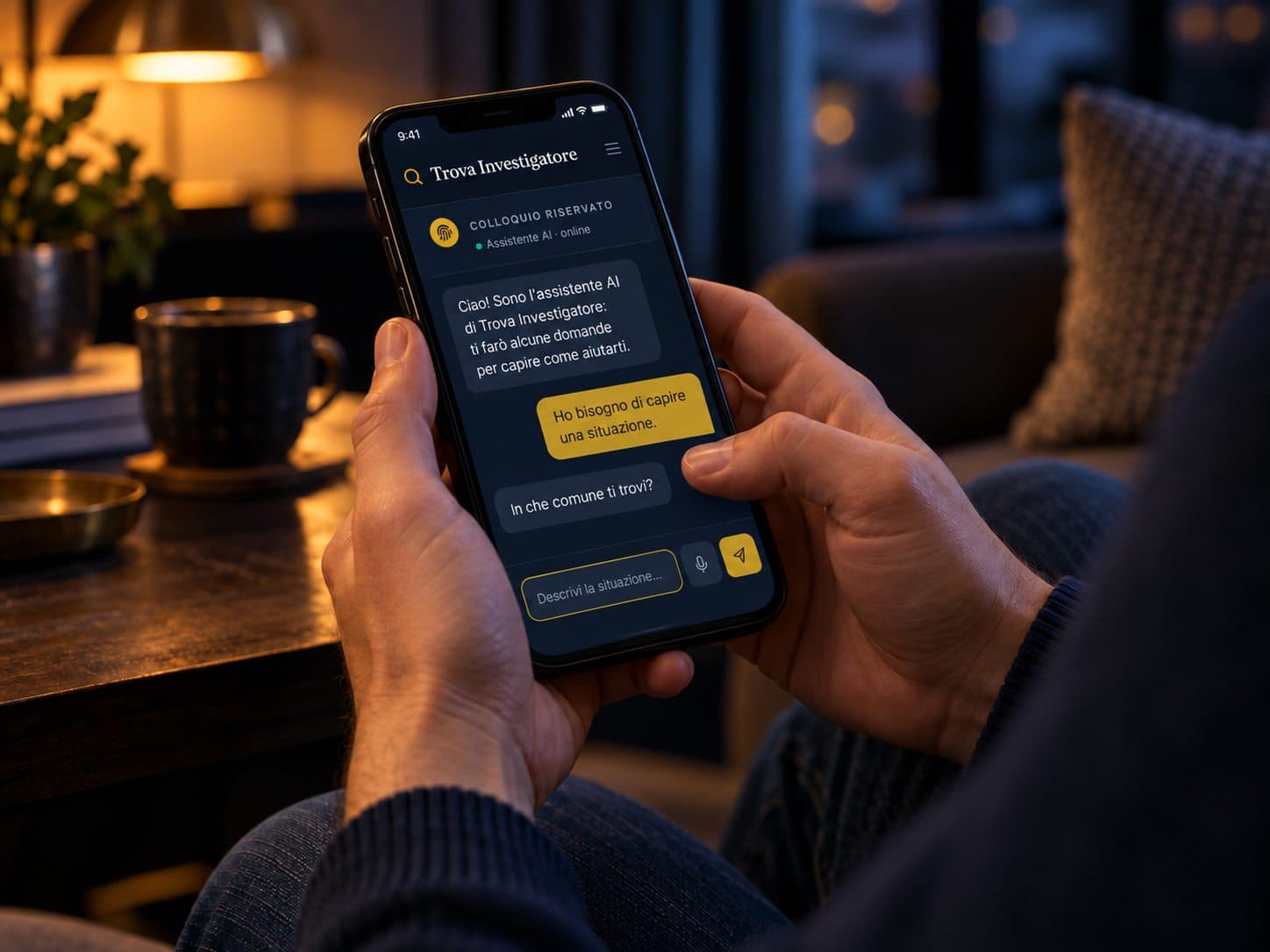 Una persona in penombra scrive alla chat dell'assistente virtuale dal telefono