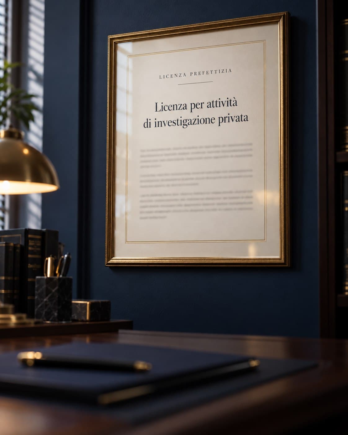 Una licenza incorniciata alla parete di uno studio professionale, con una scrivania in penombra